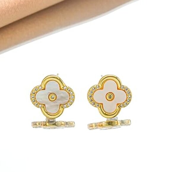 Women's Gold Plated 925 Silver Post Clover Shaped Dainty CZ Stud Earrings - Picture 3 of 5